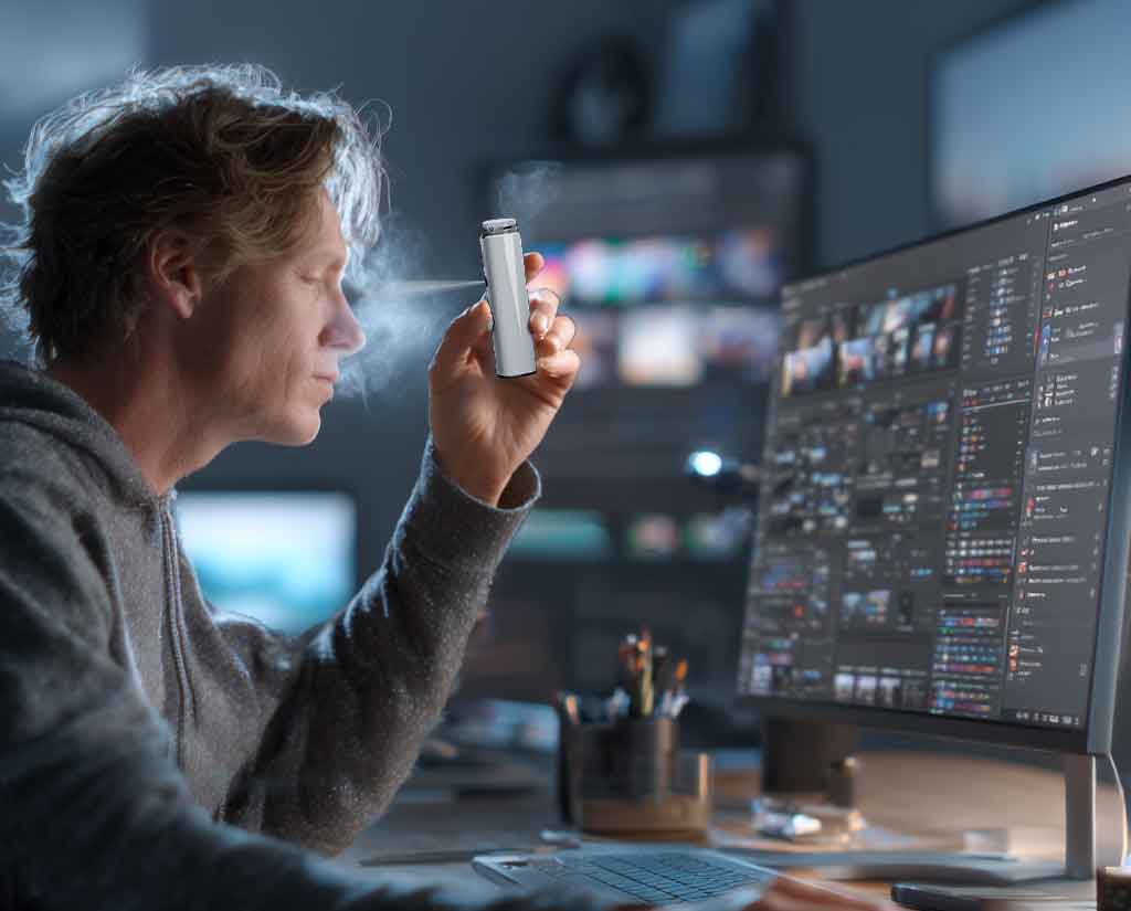 A-modern-gaming-setup-with-eye-spray-for-Computer-Vision-Syndrome-colocado-next-to-the-monitor